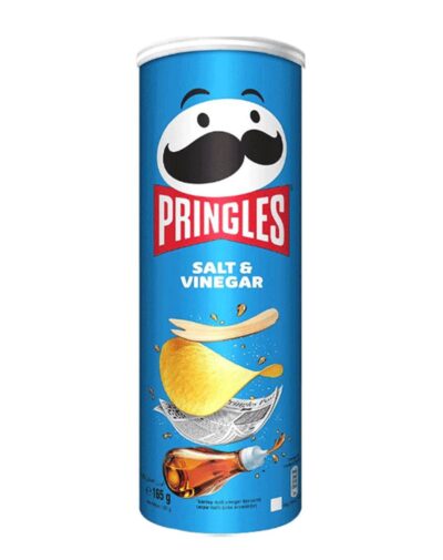 A large blue can of Pringles - Salt & Vinegar 165g with a splash of vinegar.
