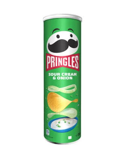 A tall green can of Pringles - Sour & Cream 165g (or Sour Cream & Onion) showing a chip and sour cream dip.