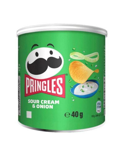 A small green can of Pringles - Sour & Cream 40g (or Sour Cream & Onion) showing a chip and sour cream dip.