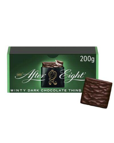 A box of After Eight 200g Minty Dark Chocolate Thins with one chocolate piece next to it.