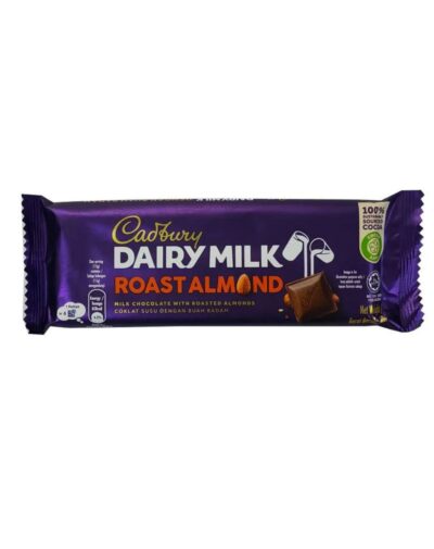 Cadbury Dairy Milk Roast Almond 90g chocolate bar in purple packaging.