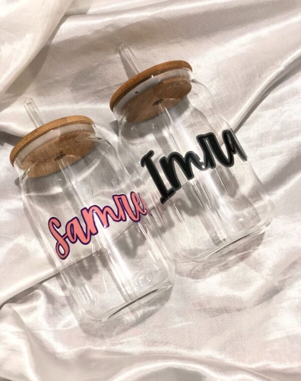 Pair of Customized Name Glass Tumbler examples, featuring the names "Samra" and "Imran" in different fonts.