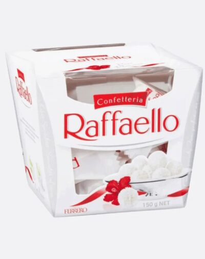 Ferrero Raffaello 150g white box showing coconut confectionery.