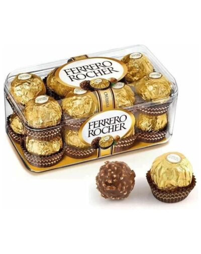 Ferrero Rocher T16 clear plastic gift box containing sixteen gold-wrapped hazelnut chocolates.