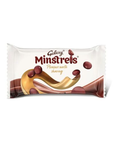 Galaxy Minstrels 42g packet showing glossy milk chocolate buttons with a crunchy shell.
