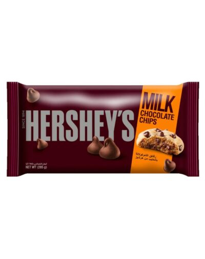 Hersheys Milk Chocolate Chips 285g bag showing chocolate chips and a cookie.