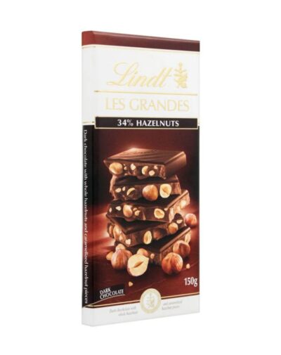 Lindt 34 % Hazelnuts Dark Chocolate 150g bar packaging showing whole and caramelized hazelnuts.