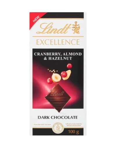 Lindt Cranberry, Almond & Hazelnut Dark Chocolate 100g bar packaging showing the fruit and nuts.