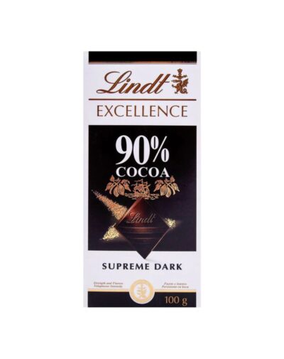 Lindt Excellence 90% Cocoa Supreme Dark 100g bar packaging emphasizing high cocoa content.