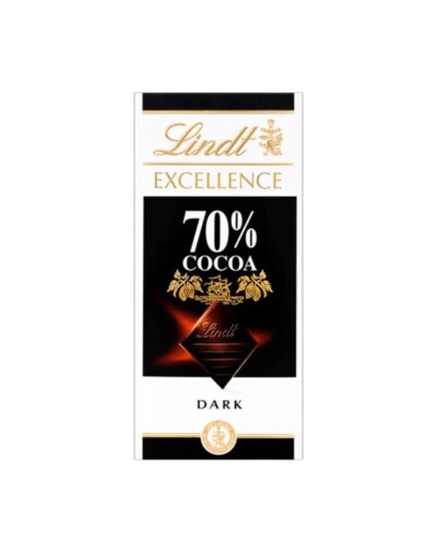Lindt Excellence Dark Chocolate Cocoa 70% 100g bar packaging emphasizing the cocoa percentage.