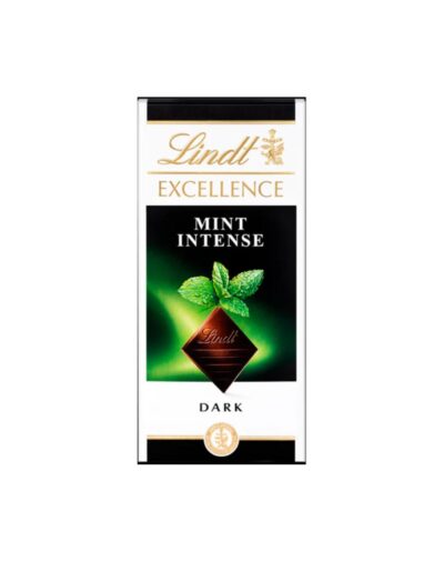 Lindt Excellence Mint Intense Dark 100g bar packaging showing mint leaves.
