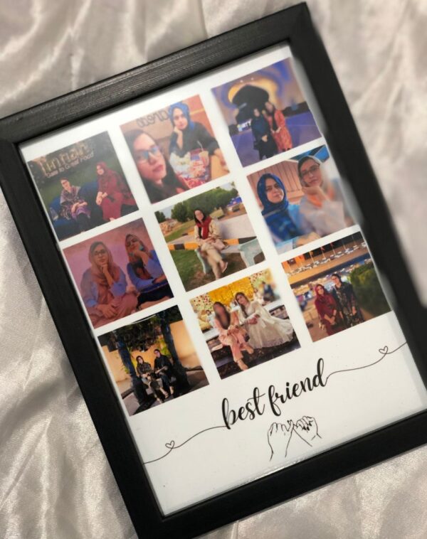 Personalized Best Friend Picture Frame in A5 size from J’s Store, black acrylic border, displaying nine cherished best friend photos.