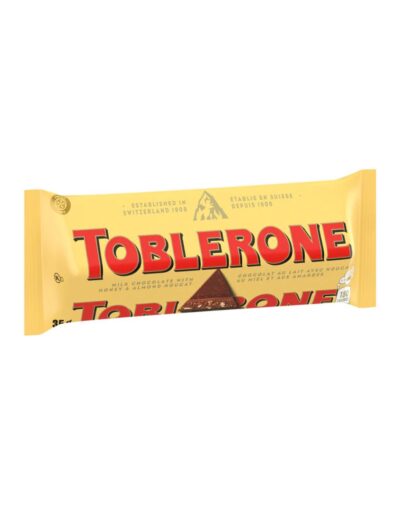 Toblerone 35g milk chocolate bar in triangular yellow packaging.
