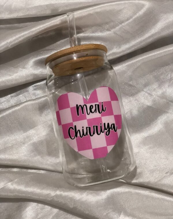 Customized Name Glass Tumbler featuring a pink checkered heart design and the nickname "Meri Chirriya."