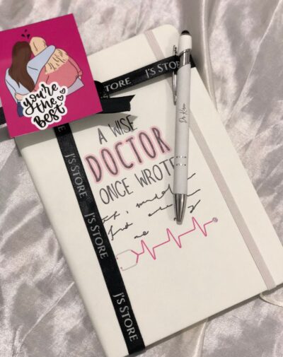 Wise Doctor Custom Quote Journal by J’s Store in white leather, personalized pen, and thank you card.