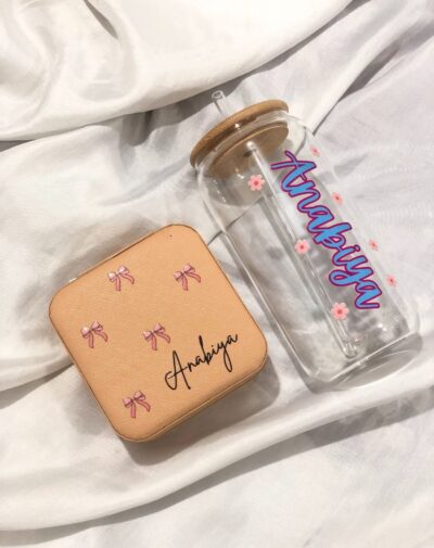 Your Personalized Vibe Kit including a Customized Jewelry Organizer and a Customized Name Glass Tumbler, both personalized with the name "Anabiya."
