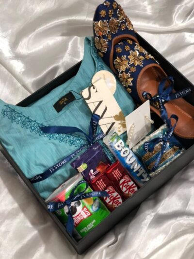 The Desi Diva Box is a premium Gift Box For Her from J’s Store featuring a branded stitched suit and matching accessories.