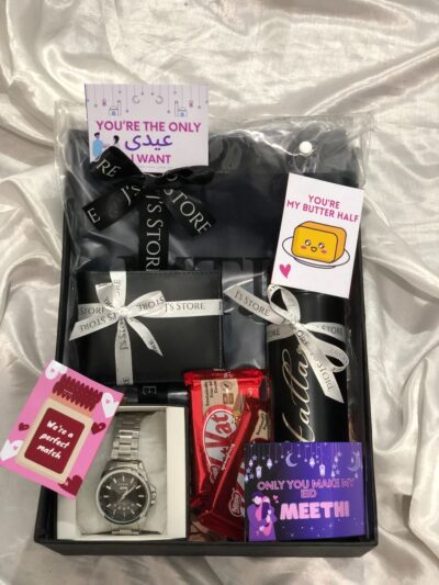 The Legacy Collection from J’s Store is a premium Eid Gifts Boxes For Him set featuring an MTJ suit and custom bottle.