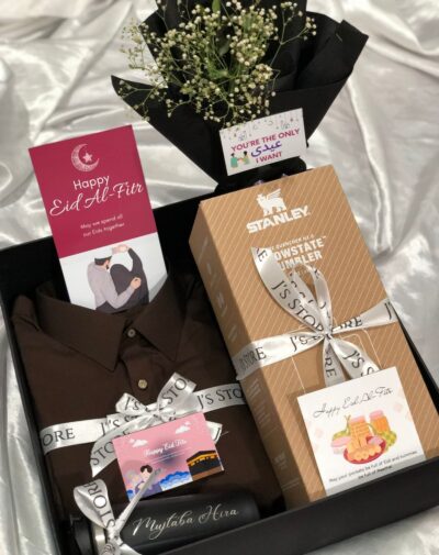 The Midnight Mahogany luxury Eid Gifts Boxes For Him featuring a Men’s Stitched Suit and custom tumblers.