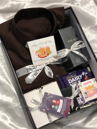 The Legacy Collection by J’s Store is a luxury Eid Gifts Boxes For Him set featuring a stitched suit and Solace perfume.