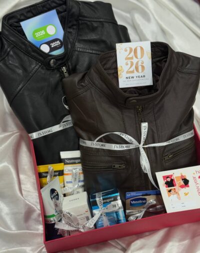 The Elite Winter Gentleman Box from J’s Store featuring leather jackets and premium skincare for men.
