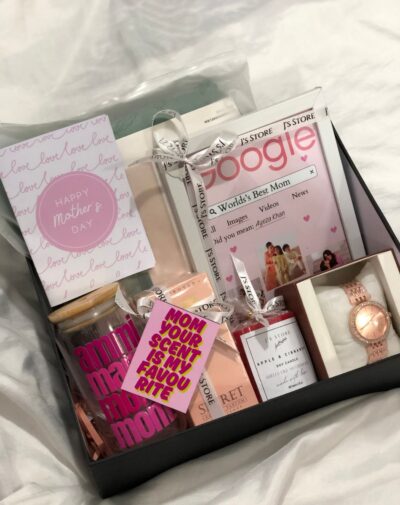 Mama’s Favorite Things Mega Box Mother’s Day gift set from J’s Store featuring suit, perfume, and watch.