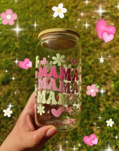 The Mama Glass Sipper aesthetic glass tumbler with a bamboo lid and glass straw from J’s Store.