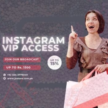 Instagram Broadcast Offer banner promoting VIP channel access for J's Store followers.
