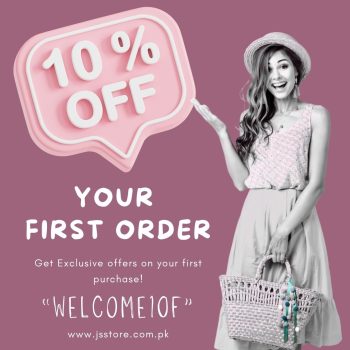 Welcome Offer promotional banner featuring a 10% discount for first-time shoppers at J's Store.